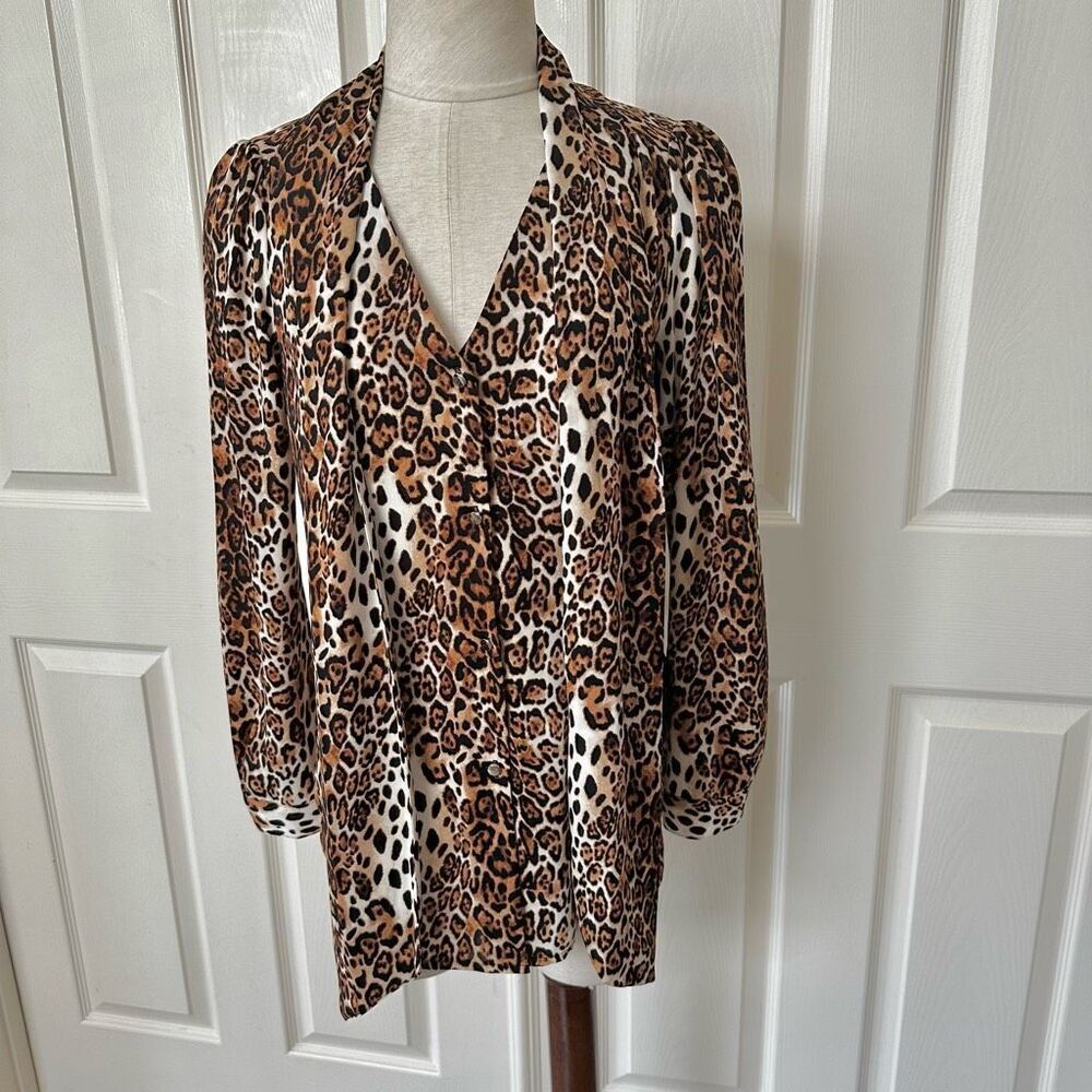 White House Black Market leopard print tie front blouse